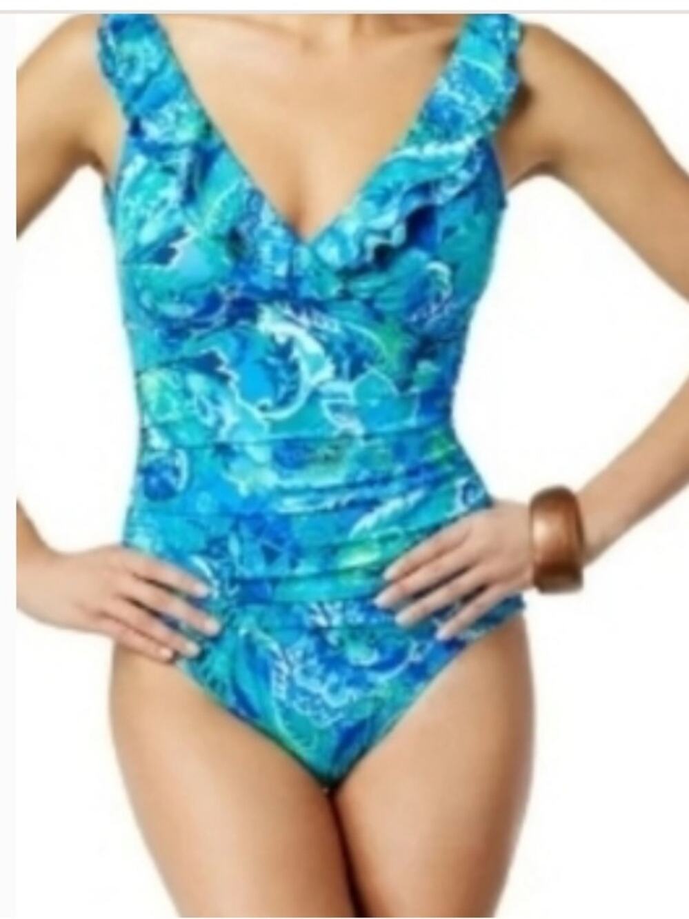 RALPH LAUREN Size 4 Blue Floral Ruffle One-Piece Woman Swimsuit